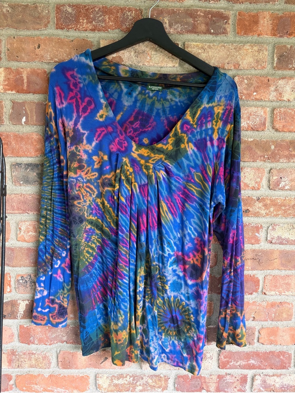 V-Neck Long Sleeve Tie-Dye Tunic - Blue Multi